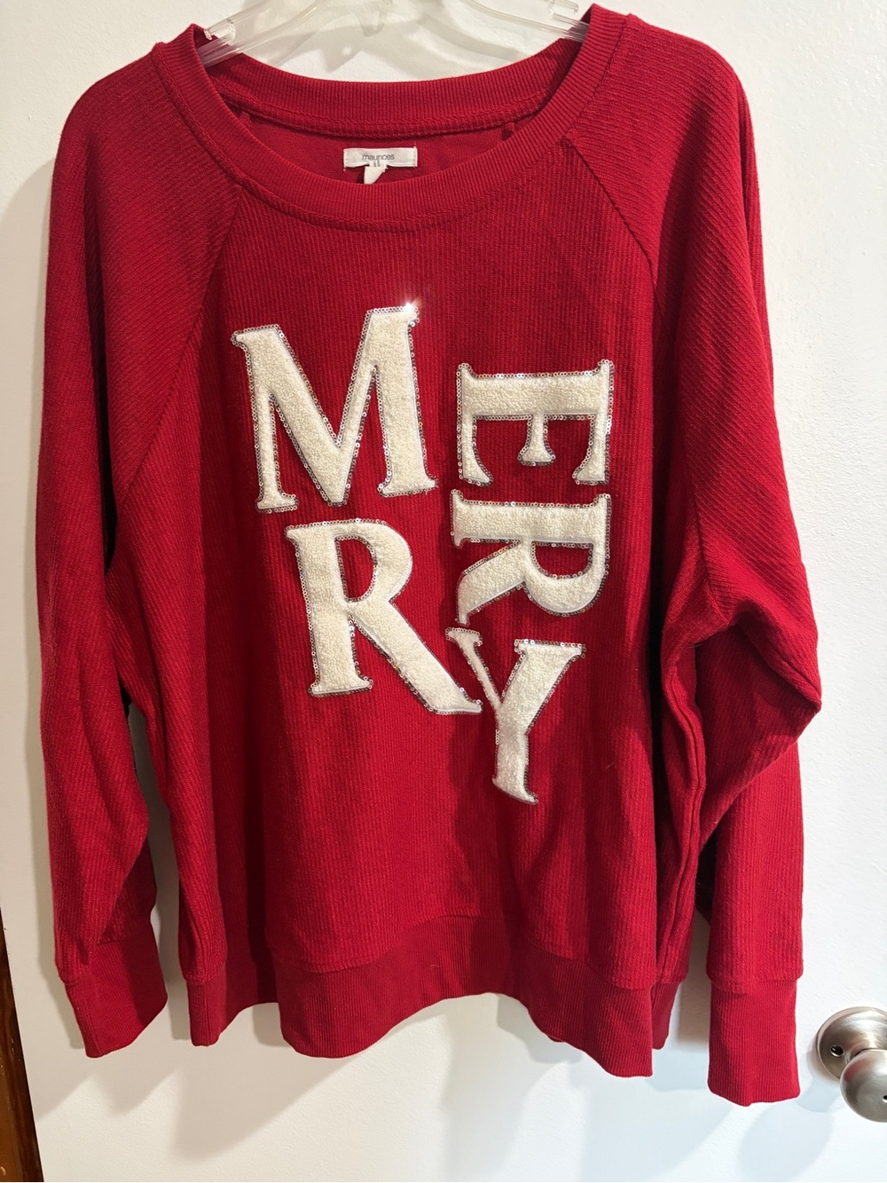 Maurices Red 'MERRY' Holiday Crewneck Sweater with Cream Applique